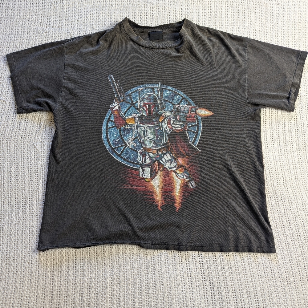 Vintage 90s Star Wars Bounty Hunter Boba Fett XL Faded Black Shirt Space Movie